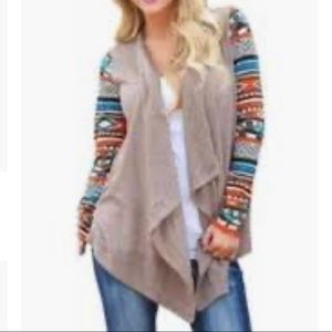 Tan and Aztec Sleeve Fly Away Cardigan